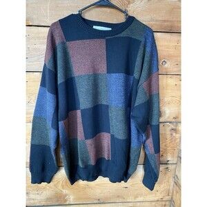 Vintage 90's Norm Thompson Checkered 100% Merino Wool Crew Dad Sweater Men's XL